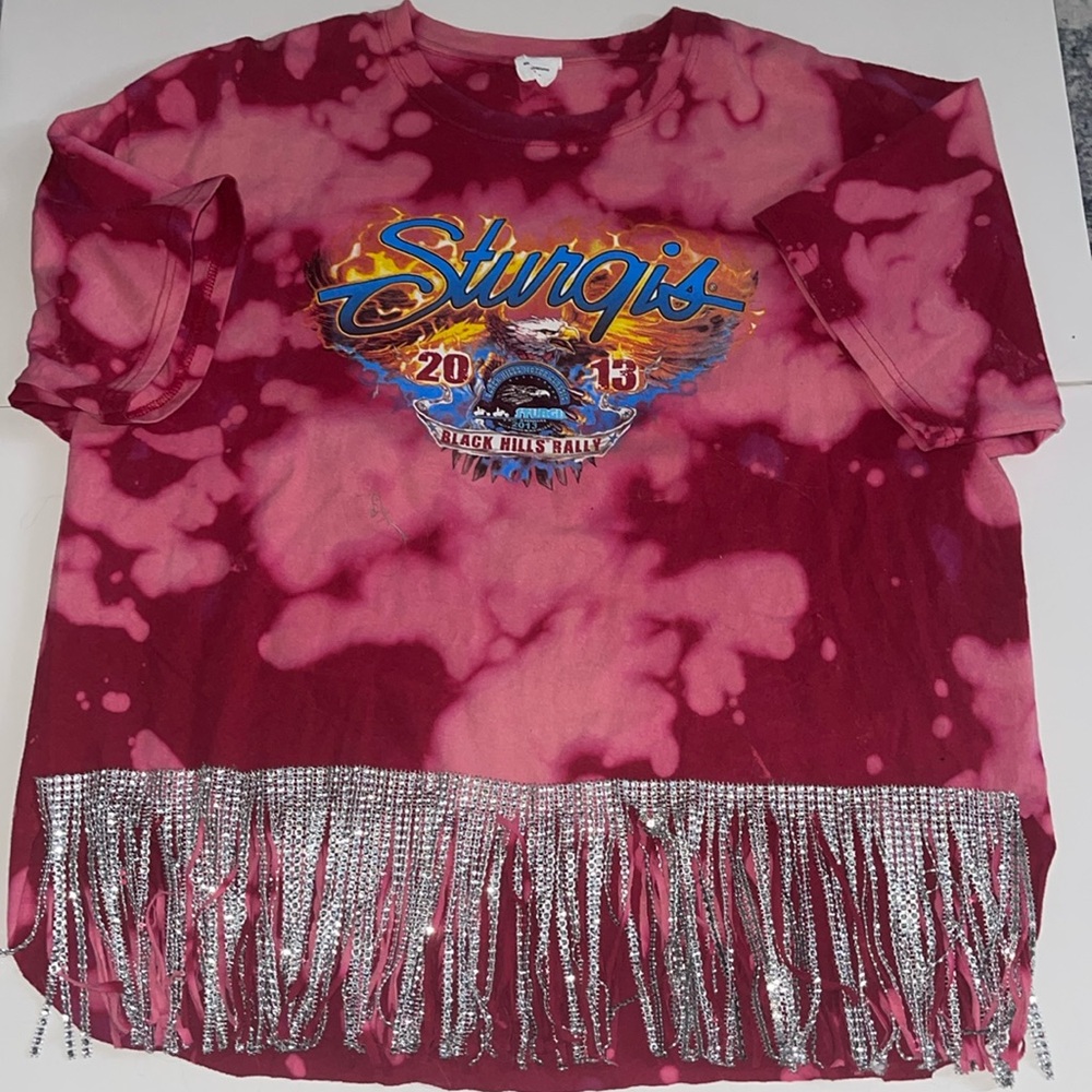 Sturgeons CUSTOM bleach tie dye graphic tee. Sparkly fringe and scoop cut back.